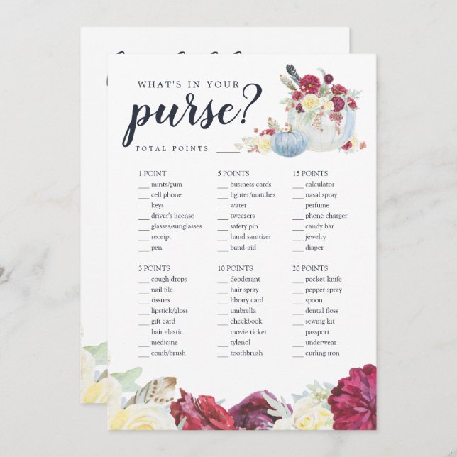 Autumn Pumpkin Two-Sided Bridal Shower Game Card (Front/Back)