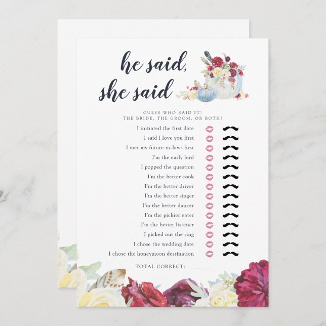 Autumn Pumpkin Two-Sided Bridal Shower Game Card (Front/Back)