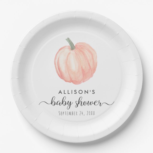 Autumn Pumpkin Watercolor Baby Shower Paper Plates (Front)