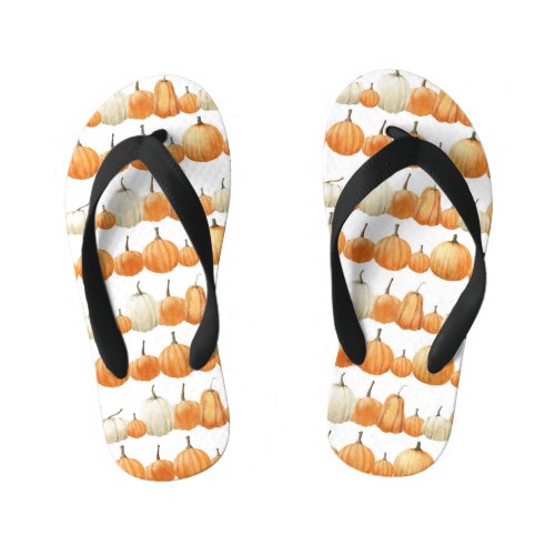 Autumn Pumpkin Watercolor Illustration Pattern Kids Flip Flops