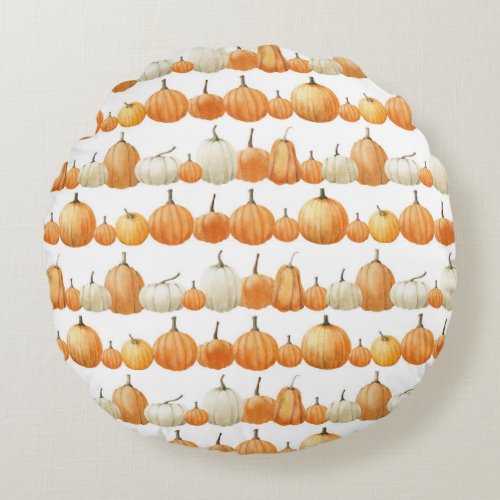 Autumn Pumpkin Watercolor Illustration Pattern Round Pillow