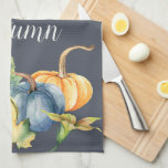 Autumn Pumpkin Watercolor Navy Blue Kitchen Towel<br><div class="desc">Beautiful watercolor pumpkins in shades of blue,  green,  orange,  and white are featured on this seasonal kitchen towel. You can customize the word Autumn that is on both sides of the kitchen towel. Delight your guests and family for fall and Thanksgiving with this watercolor pumpkin kitchen towel.</div>