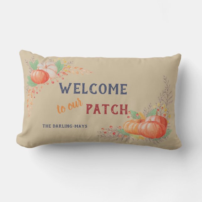 Autumn Pumpkin Welcome to our Patch Personalized Lumbar Pillow (Front)