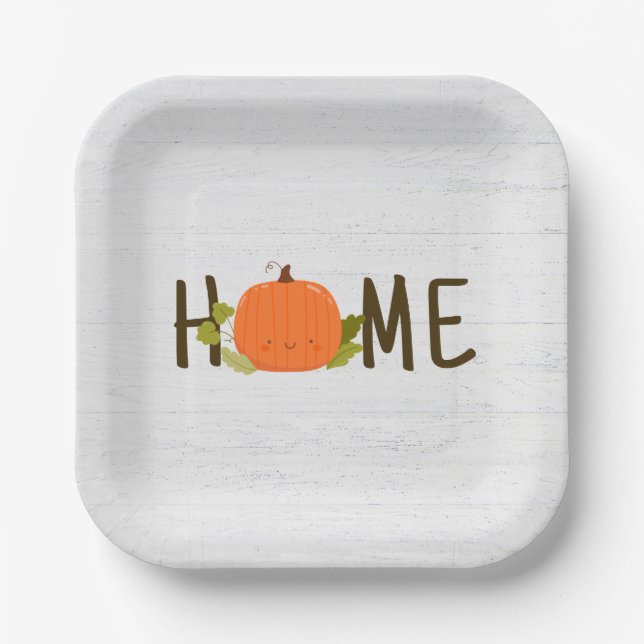 Autumn Pumpkin With Home Text On Wood Paper Plates (Front)