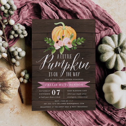 Autumn Pumpkin Wood  Pink Floral Baby Shower Invitation