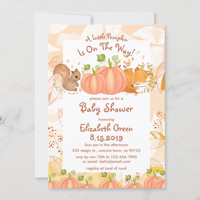 Autumn Pumpkin Woodland Baby Shower Invitations (Front)