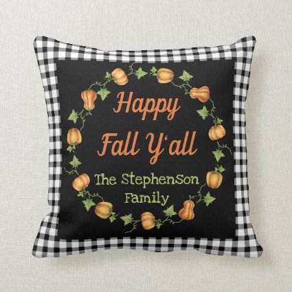 Autumn Pumpkin Wreath Happy Fall Y'all | Checks Throw Pillow