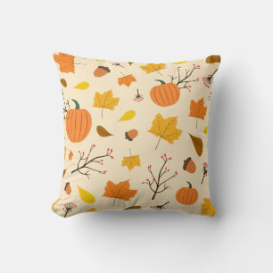 Autumn Pumpkins and Falling Leaves Pattern Throw Pillow