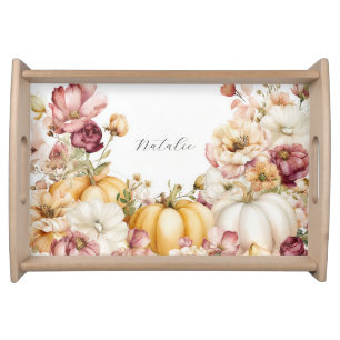 Autumn Pumpkins and Flowers Serving Tray