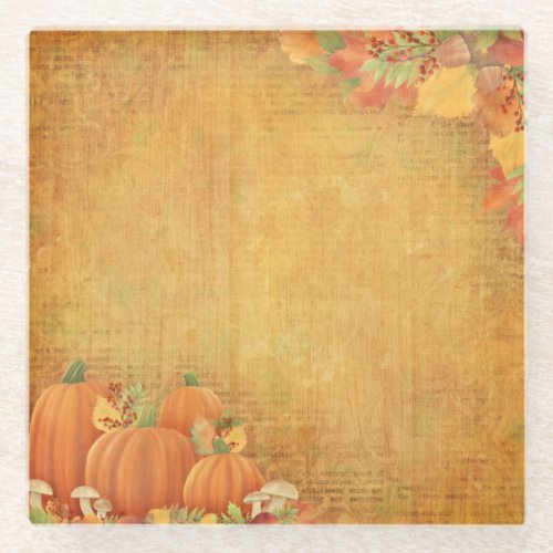 Autumn Pumpkins and Foliage Illustration Glass Coaster