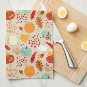 Autumn Pumpkins and Leaves Pattern Kitchen Towel