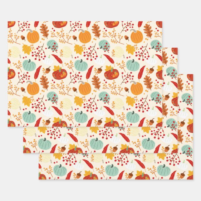 Autumn Pumpkins and Leaves Pattern Wrapping Paper Sheets (Set)