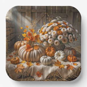 Autumn Pumpkins and Mums In a Barn Paper Plates