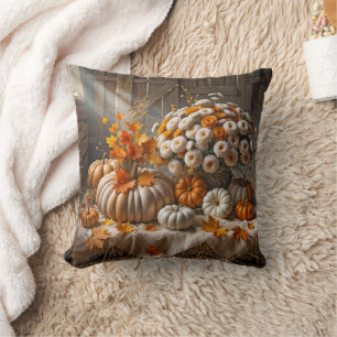 Autumn Pumpkins and Mums In a Barn Throw Pillow