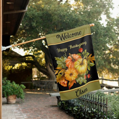 Autumn pumpkins and oak leaves personalized  house flag