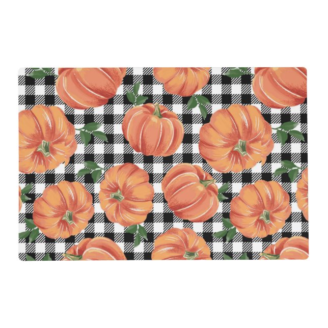Autumn Pumpkins Black and White Gingham Fall Placemat (Front)