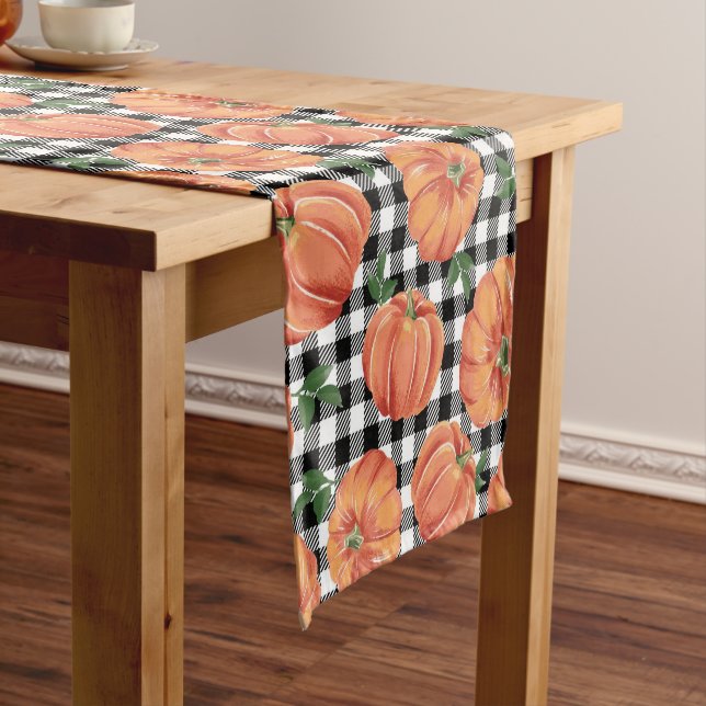 Autumn Pumpkins Black and White Gingham Fall Short Table Runner (In Situ)