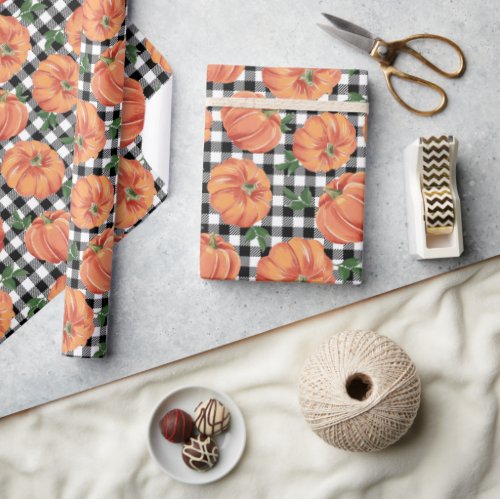 Autumn Pumpkins Black and White Gingham Fall Wrapping Paper