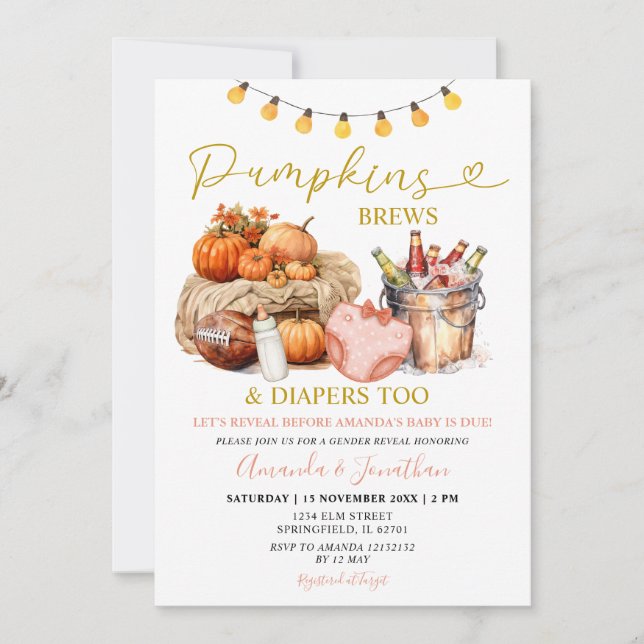 Autumn Pumpkins Brews Diapers Girl Gender Reveal Invitation (Front)