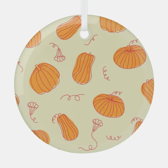 Autumn Pumpkins: Doodle Orange Pattern. Glass Ornament (Front)