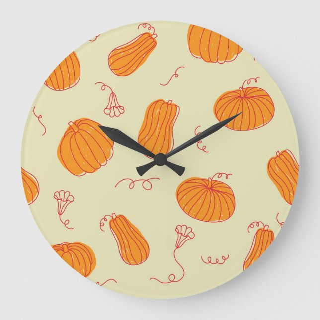 Autumn Pumpkins: Doodle Orange Pattern. Large Clock (Front)