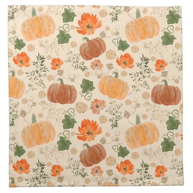 Autumn Pumpkins Fall Floral Garden Leaves Orange Cloth Napkin (Front)