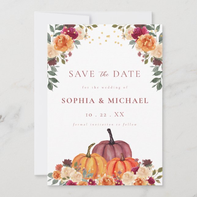 Autumn Pumpkins Fall Florals Save the Date Invitation (Front)