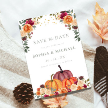 Autumn Pumpkins Fall Florals Save The Date Invitation by lesrubaweddings at Zazzle