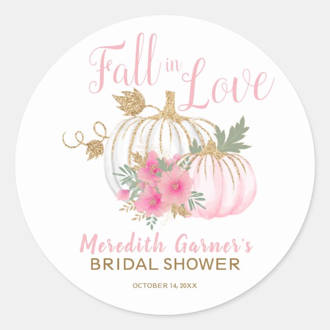 Autumn Pumpkins Fall in Love Bridal Shower Classic Round Sticker (Front)