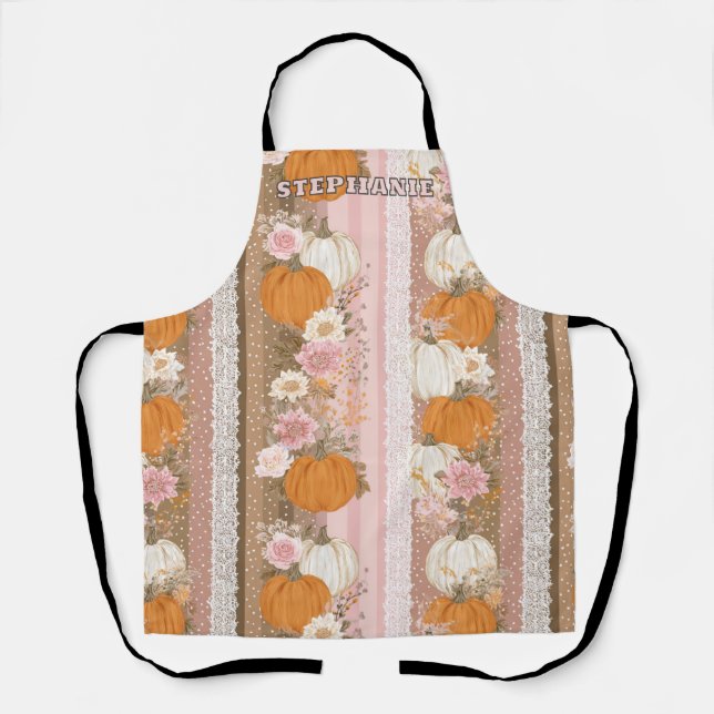 Autumn Pumpkins & Floral Lace Seamless Pattern Apron (Front)
