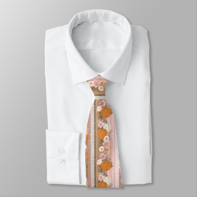 Autumn Pumpkins & Floral Lace Seamless Pattern Neck Tie (Tied)