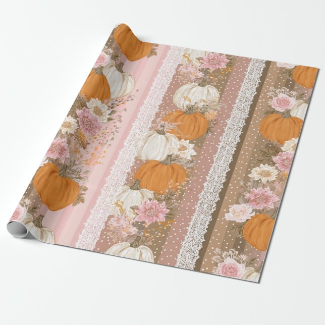 Autumn Pumpkins & Floral Lace Seamless Pattern Wrapping Paper (Unrolled)