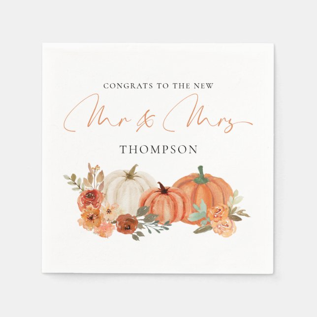 Autumn Pumpkins Florals Congrats Mr Mrs Wedding Napkins (Front)