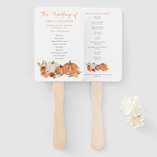 Autumn Pumpkins Florals Wedding Program Hand Fan (Front and Back)