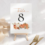 Autumn Pumpkins Florals Wedding Table Number<br><div class="desc">Autumn Pumpkins Florals Wedding Table Number. Autumnal colored orange and cream pumpkins and florals beneath the table number which you can easily personalise. Table is at the top in a modern set script. The same design is on the other side.</div>