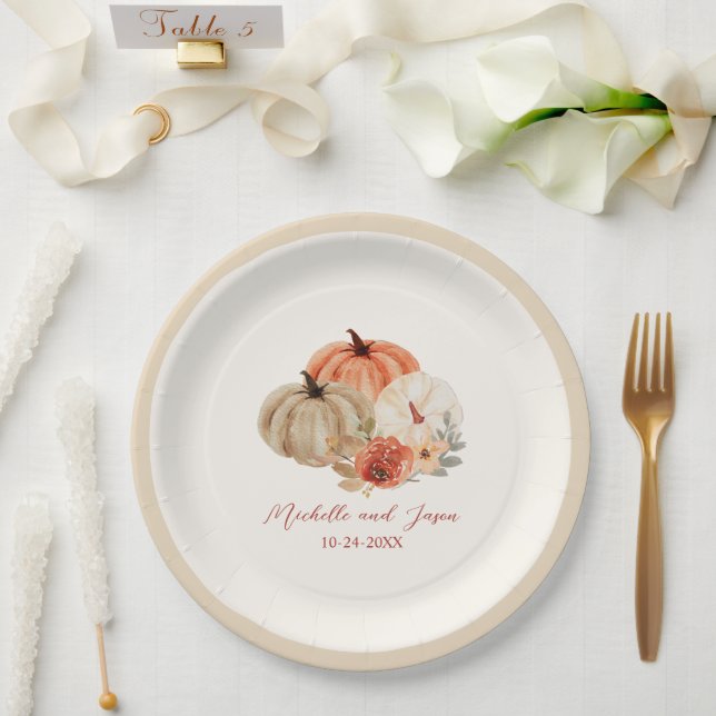 Autumn  Pumpkins Flowers Elegant Falling in love   Paper Plates (Wedding)