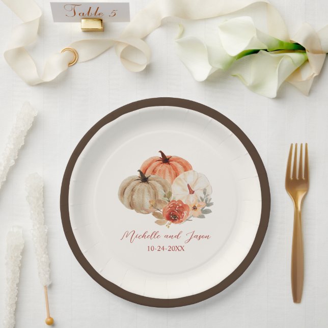 Autumn  Pumpkins Flowers Elegant Falling in love   Paper Plates (Wedding)
