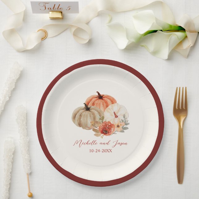 Autumn  Pumpkins Flowers Elegant Falling in love Paper Plates (Wedding)