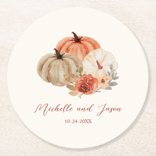 Autumn Pumpkins Flowers Elegant Falling in love  Round Paper Coaster