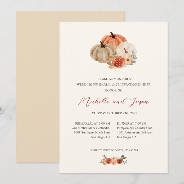 Autumn Pumpkins  Flowers Elegant REHEARSAL  Invitation (Front/Back)