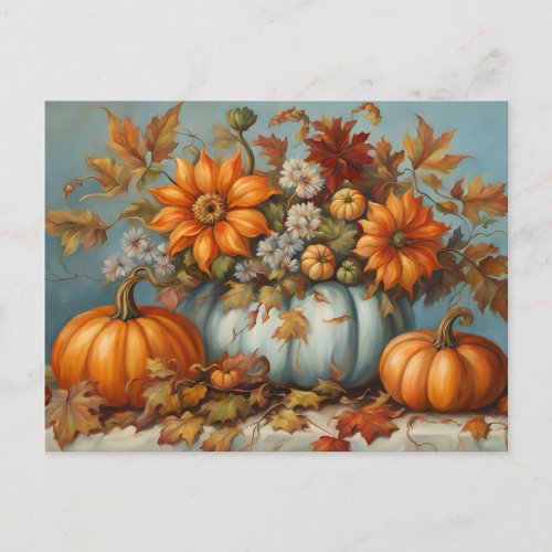 Autumn Pumpkins Flowers Leaves Postcard