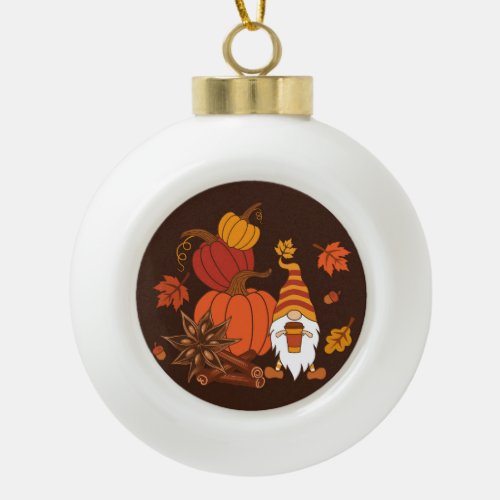 Autumn Pumpkins Gnome Spice Card Ceramic Ball Christmas Ornament