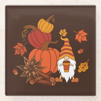 Autumn Pumpkins Gnome Spice Card Glass Coaster