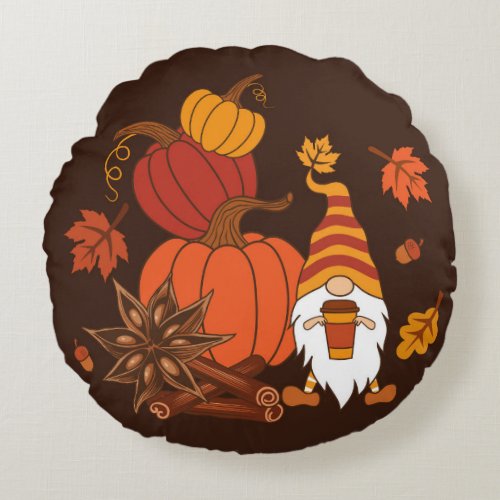 Autumn Pumpkins Gnome Spice Card Round Pillow