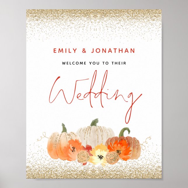Autumn Pumpkins Gold Glitter Welcome to Wedding Poster (Front)