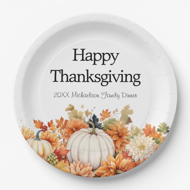 Autumn Pumpkins Happy Thanksgiving Your Name Paper Plates (Front)