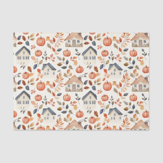 Autumn Pumpkins, House, Leaves Pattern Decoupage Tissue Paper (Front)