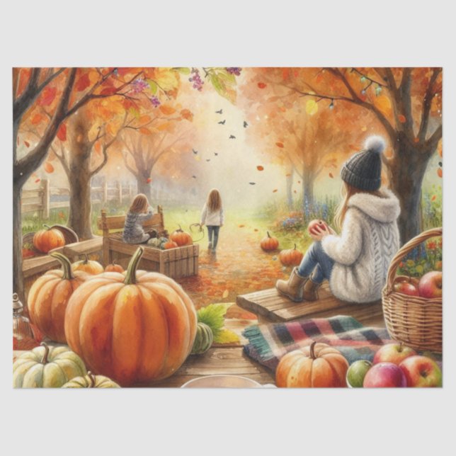 Autumn Pumpkins Leaves and Children  Tissue Paper (Front)