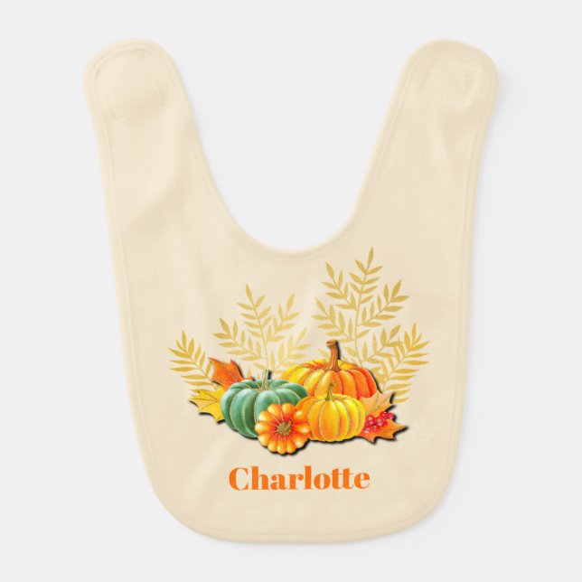Autumn Pumpkins, Leaves, Thanksgiving, Halloween Baby Bib (Front)