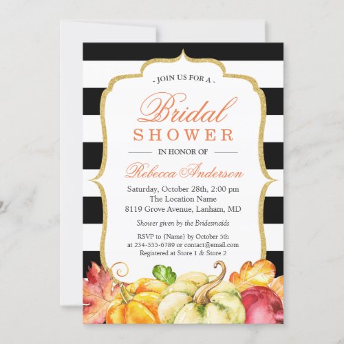 Autumn Pumpkins Maple Leaves Fall Bridal Shower Invitation - Create your perfect invitation with this pre-designed templates, you can easily personalize it to be uniquely yours. For further customization, please click the "customize further" link and use our easy-to-use design tool to modify this template. If you prefer Thicker papers / Matte Finish, you may consider to choose the Matte Paper Type.
